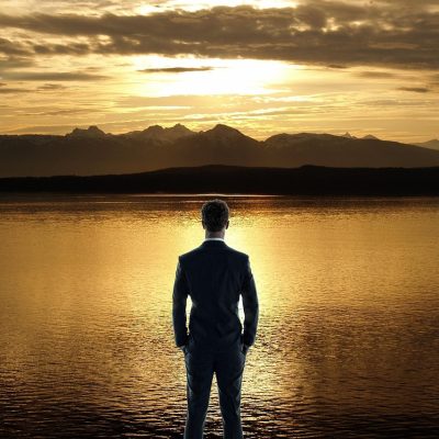 man, business, lake, ocean, sunset, future, view, businessman, dusk, clouds, mountains, thinking, nature, landscape